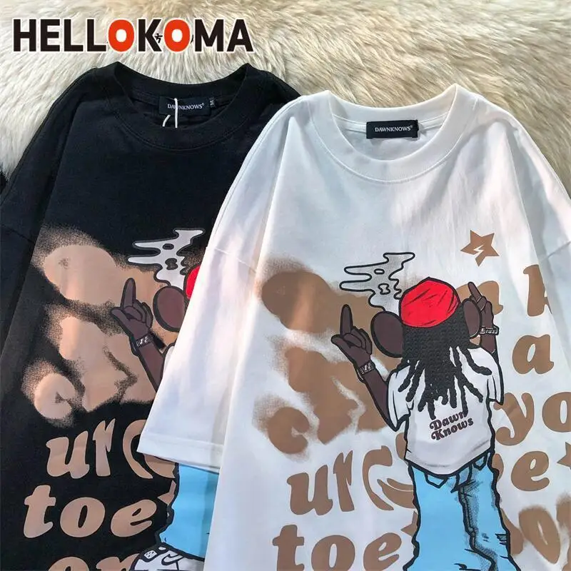 

High Street Brand Hand-paint Print Cartoon T Shirts Mens Fashion Hip Hop Oversized T Shirt Pure Cotton Loose Casual Summer Tops