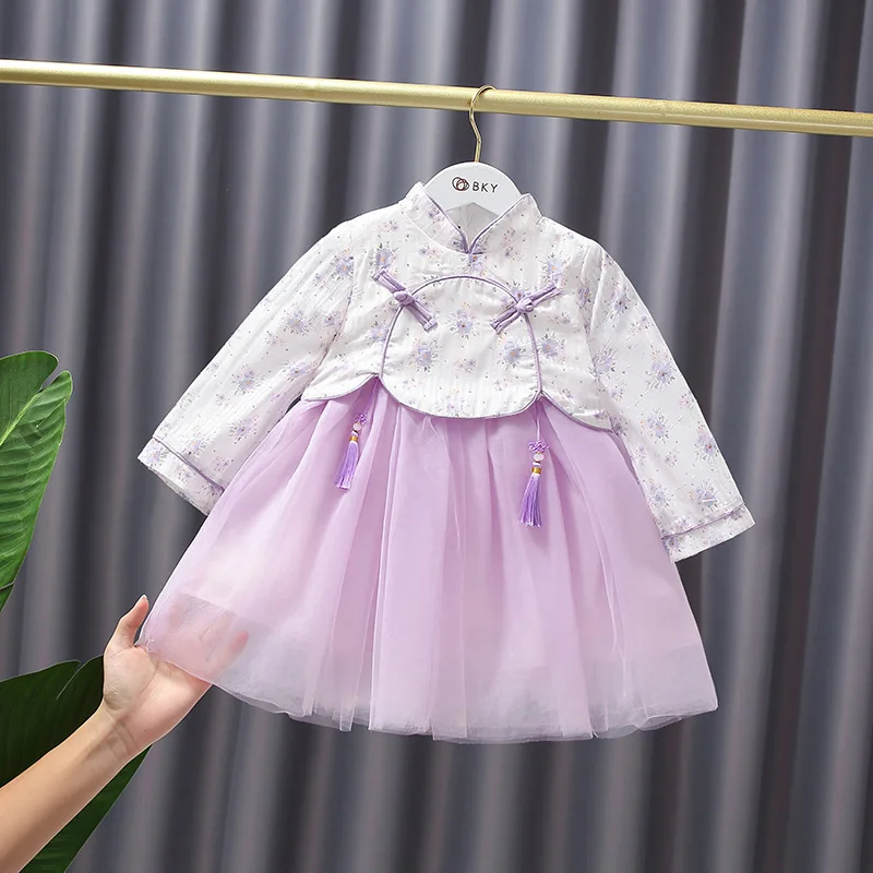 

Детское Сетчатое платье с длинным рукавом, в китайском стиле