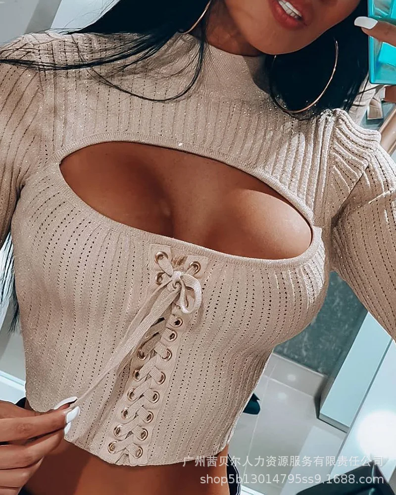 

Eyelet Lace-up Cutout Knit Crop Top Knitwear Sweater Hollow Out Solid Color Long Sleeve Tops Pullover