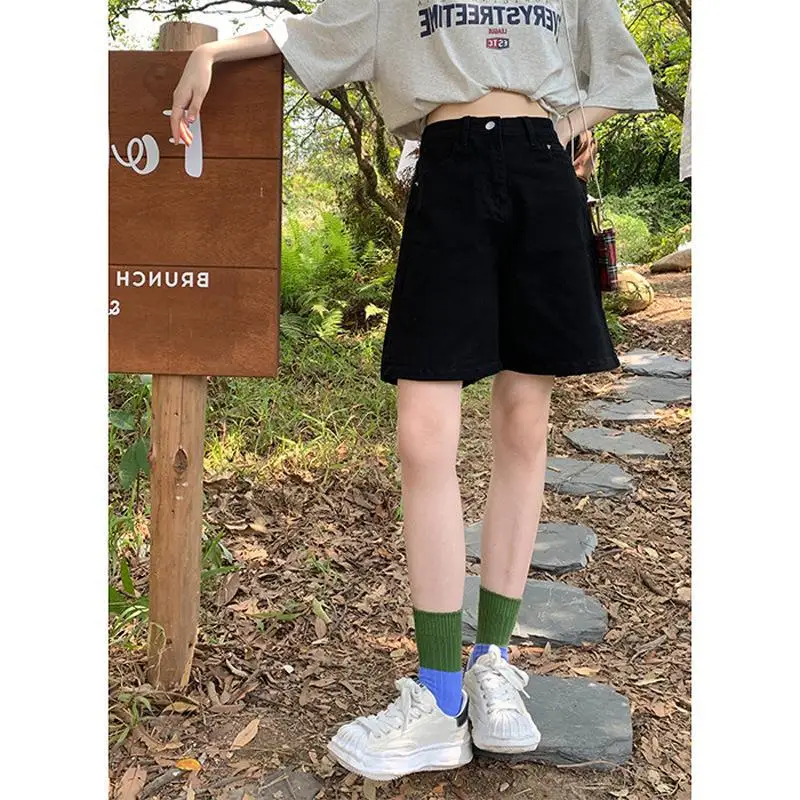 Summer Retro Brown Shorts for Women Korea High Waist Black Shorts Loose Button Solid Classic Knee-length Shorts BF Streetwear