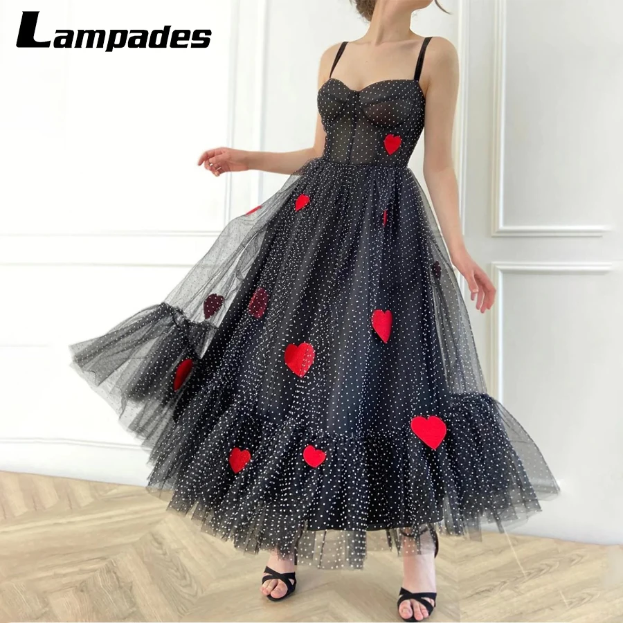 

Классическое ТРАПЕЦИЕВИДНОЕ ПЛАТЬЕ средней длины на тонких бретельках, черное платье для выпускного вечера с ярко-красными сердечками, жен...