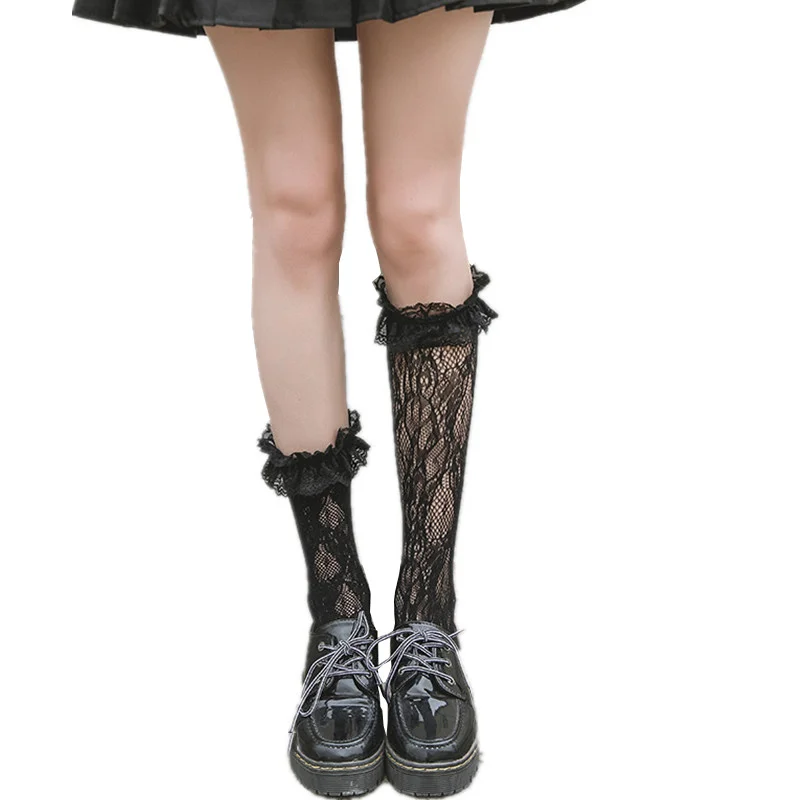 Lolita Socks Cute Black White Lace Fishnet Socks Pile Pile Knee Socks Sweet Women Girls Ladies Cosplay Costumes Accessories