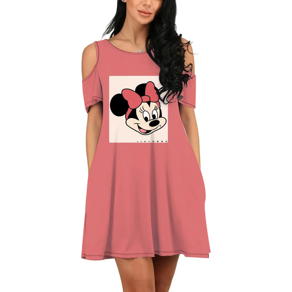 

2022 Streetwear Summer New Arrivals Disney Brand Cute Minnie Mouse Anime Ladies Casual O Neck 3D Print Sexy Off Shoulder Dress