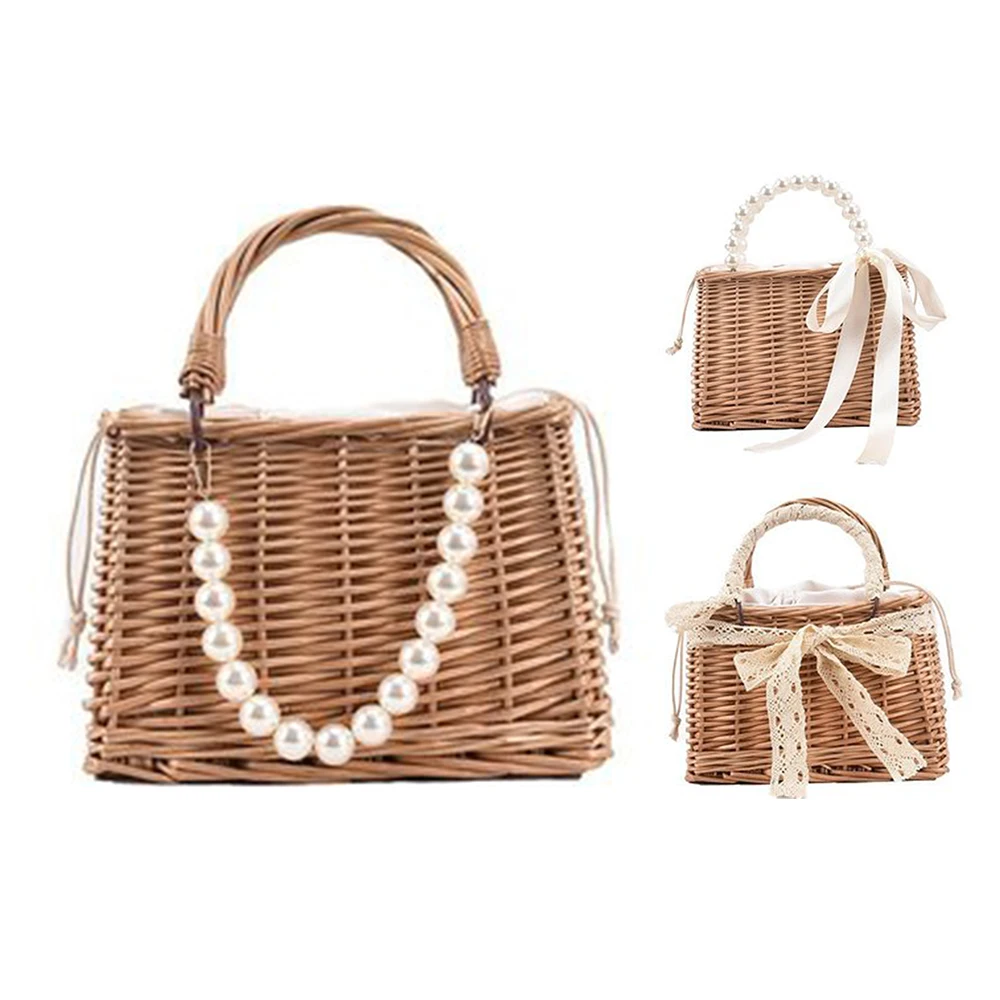 

NEW-Straw Beach Bags For Women Handmade Rattan Woven Beading Handbags Travel Female Shoulder Bag Tote