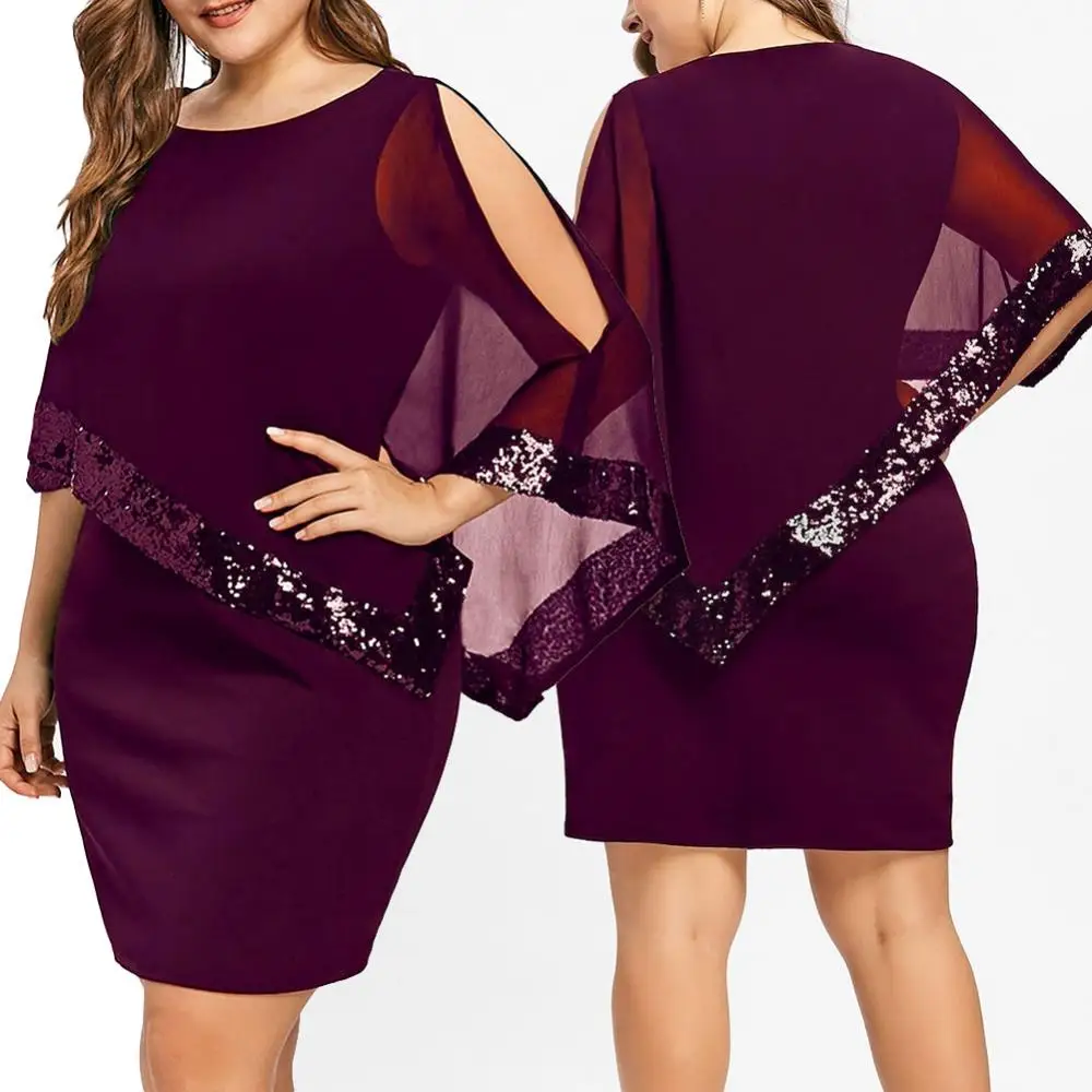 

Dress Women Sequins Solid Color Round Neck Irregular Patchwork Cold Shoulder Dress
