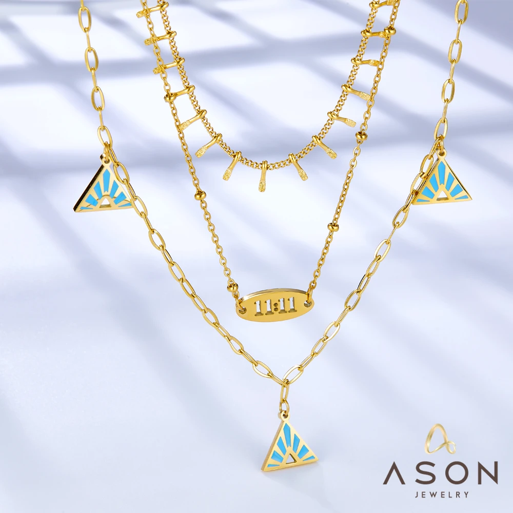 

ASONSTEEL Gold Color Stainless Steel Blue Pyramid Accessories Letter 11:11 Multi-layer Chain Pandent Necklace For Women Jewelry