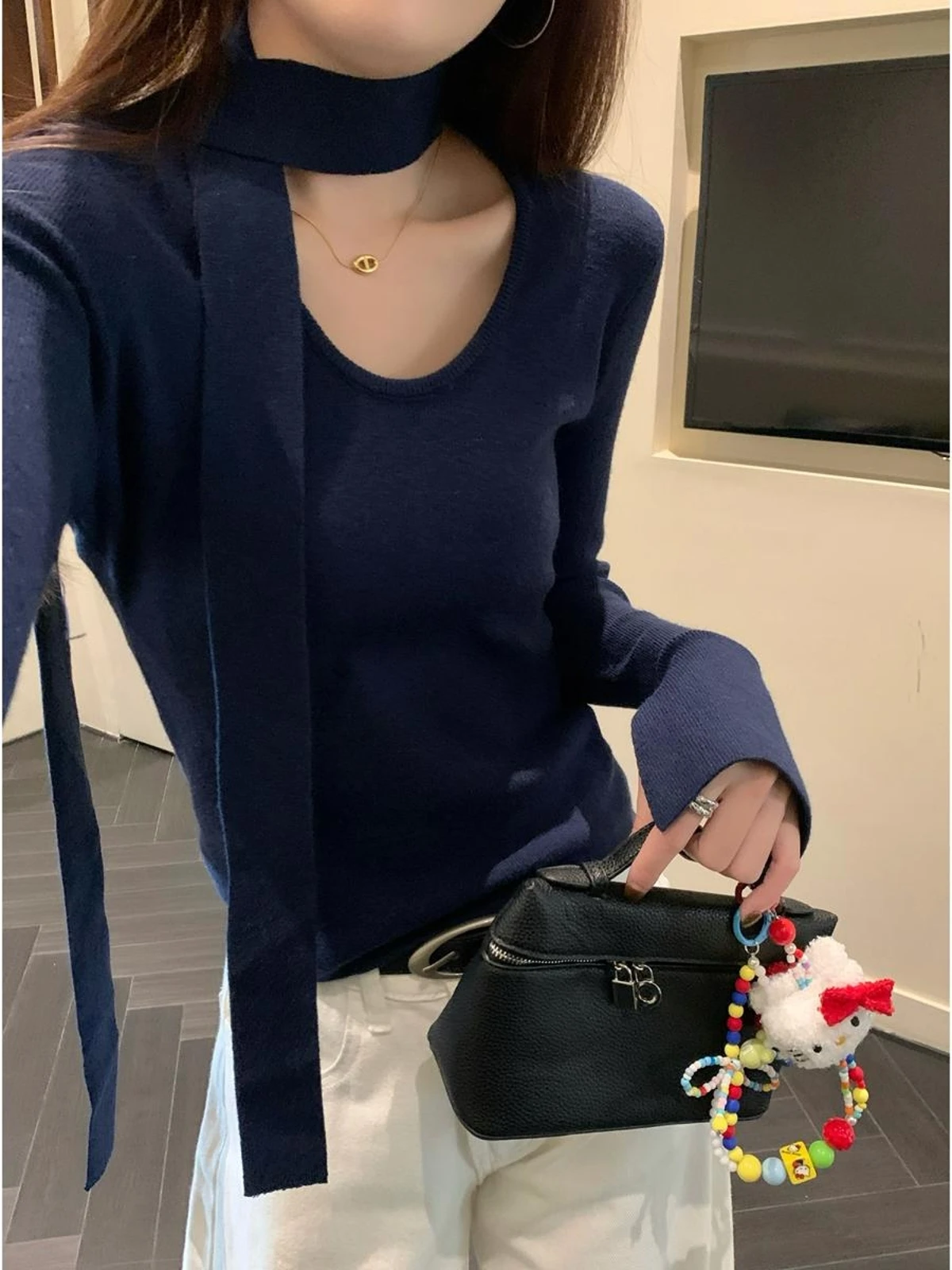 Корейская серия газовая текстура вязаный топ с длинными рукавами зима 2024 новый