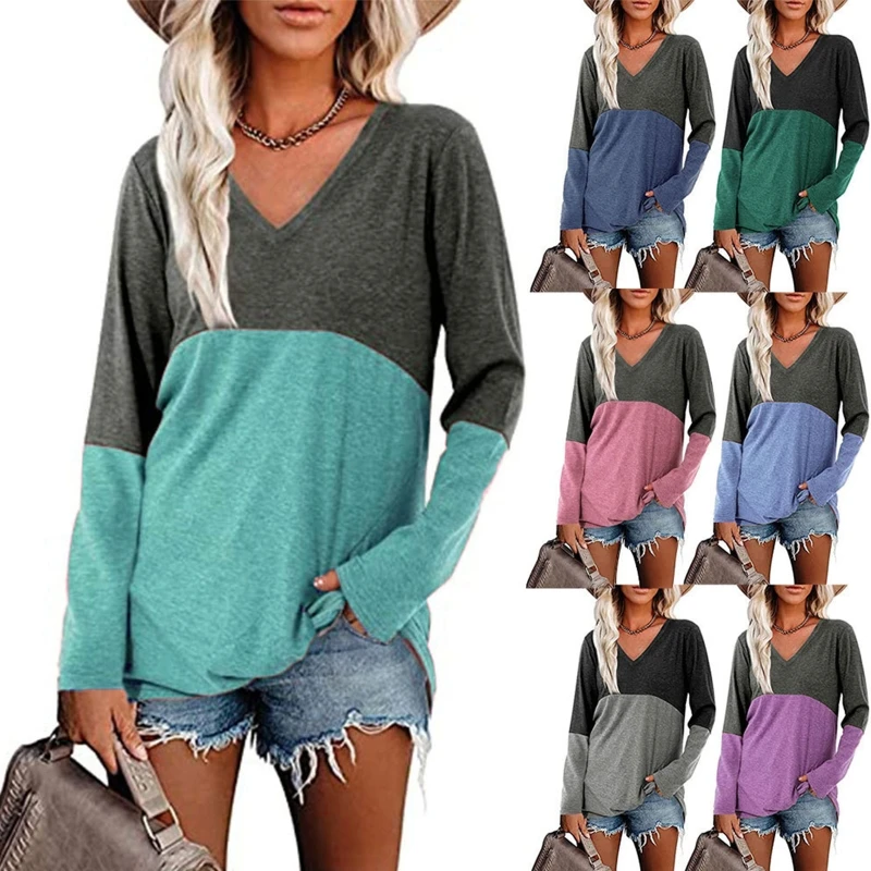 

Summer New Women's Fashion Top Korean V-neck Long Sleeve Color Block T-shirt