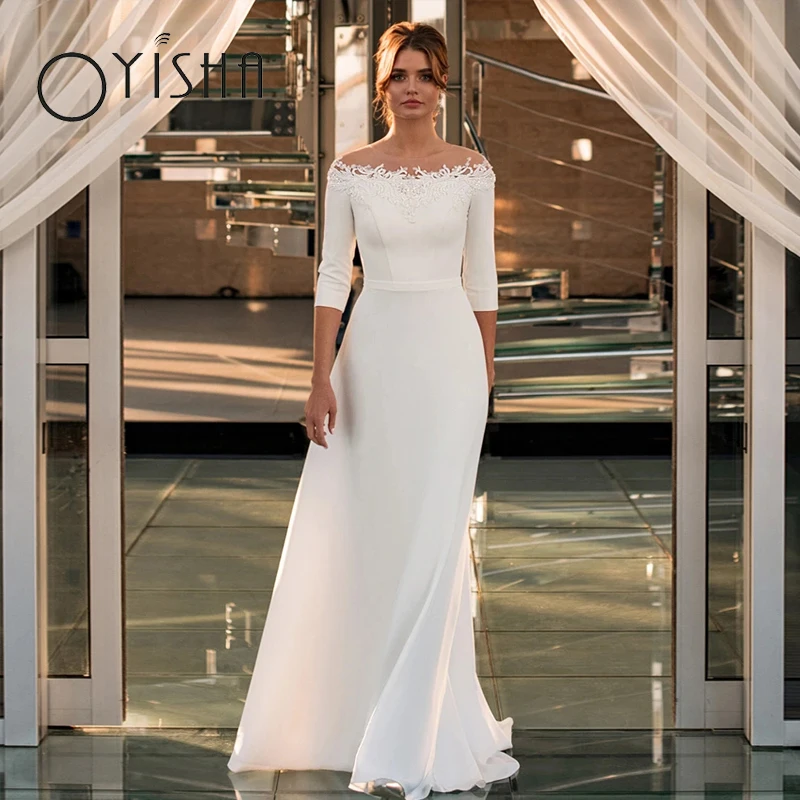

OYISHA Simple Satin Wedding Dresses For Women Boat Neck Boho vestido de noiva Appliques Lace Beading A-Line Bohemian Bridal Gown