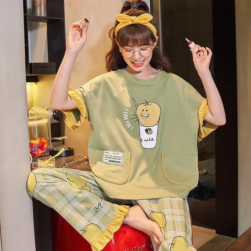 QWEEK Kawaii Pajama Clothing Sets Women Summer Sleepwear Cotton Pijamas Ruffles Apple Cartoon Print Pyjamas Plaid Pants Roomware