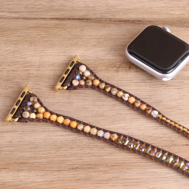 2022 New Vintage Handmade Woven Rope Watch Band for Apple Watchbands Bohemia Natural Stone Wristband Bracelets for Iwatch Series