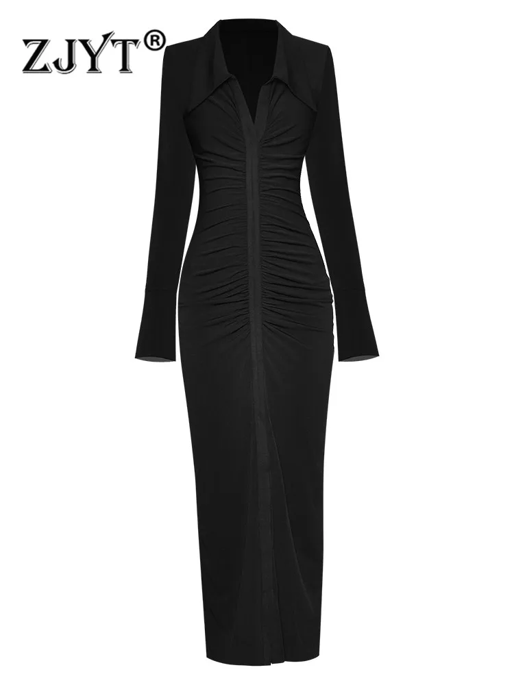 

ZJYT подиумное модное ДРАПИРОВАННОЕ длинное платье макси для вечеринки, Весенняя женская одежда 2022, элегантное облегающее черное платье с ра...