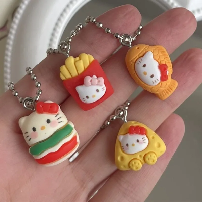 

Kawaii Sanrio Keychain Cartoon Hello Kitty Girl Heart Food Game Hamburg French fries Accessories Bag Cute Hello Kitty Pendant