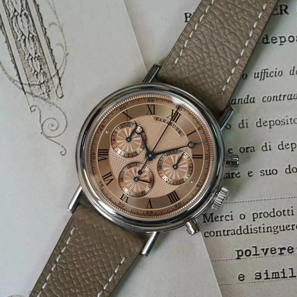 FARASUTE Men Automatic Watch 38mm Vintage Chronograph Mechanical Wristwatch Sapphire Triple Windows Waterproof Dandong 4130