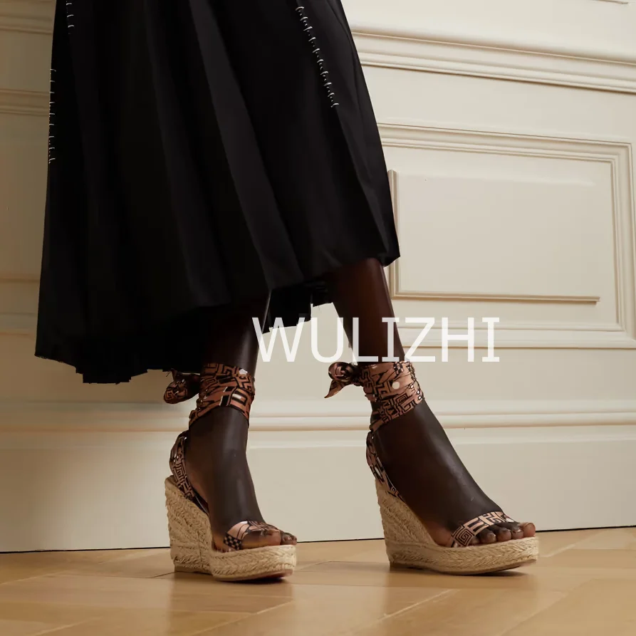 Women Casual Lace-Up High Wedge Espadarille Black White Brown Riband Wrap Sandals Open Slingback Shallow Summer Sea Beach Shoes