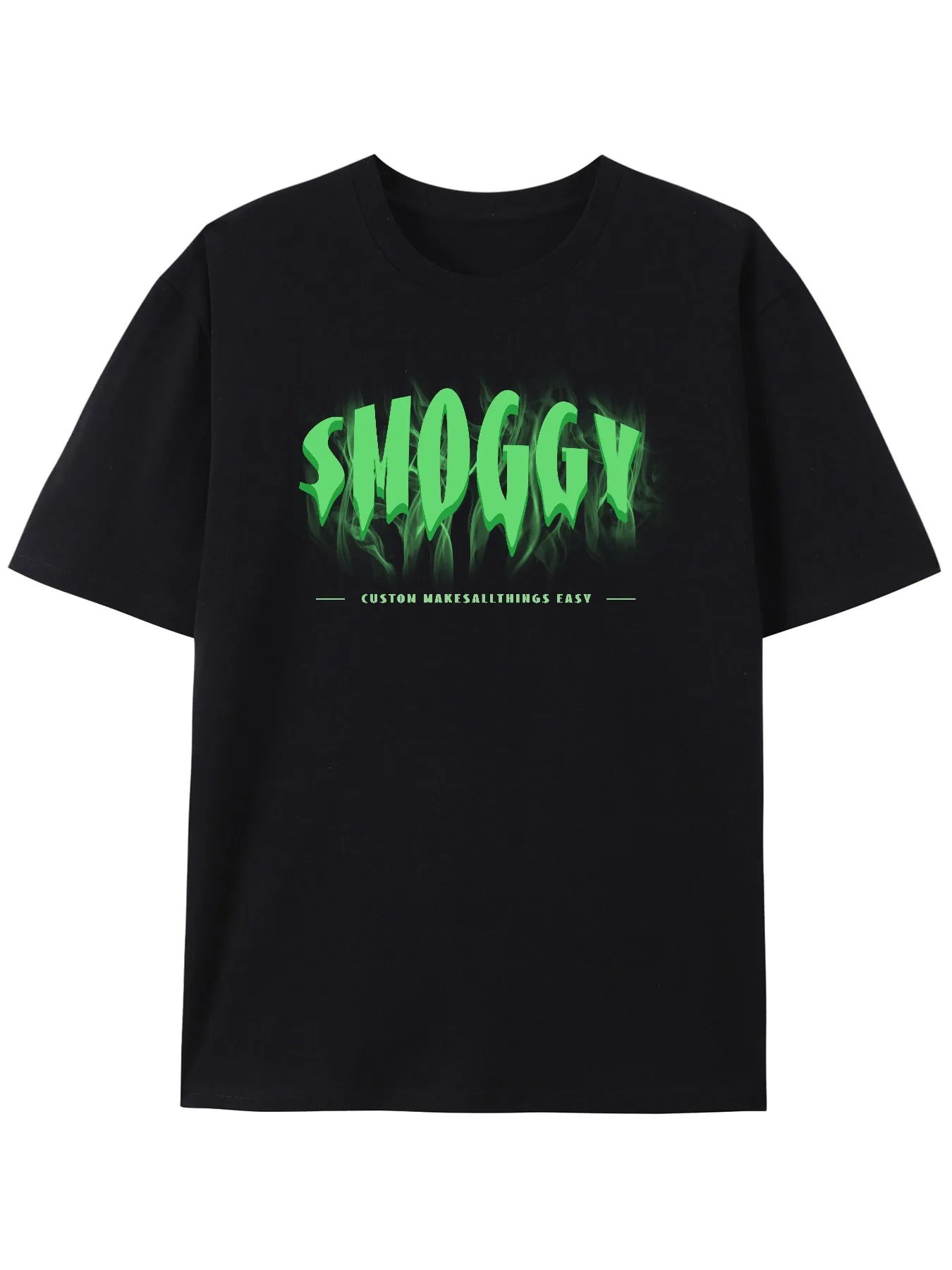 SMOGGY Custom Makes All Things Easy — мужская черная футболка с рисунком зеленого пламени