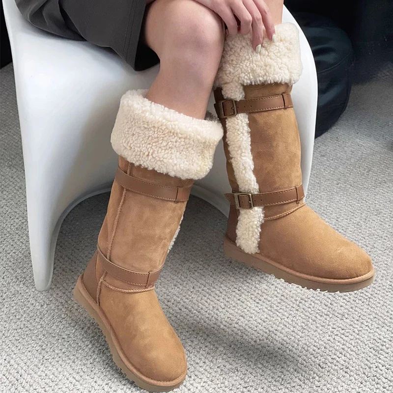 Хутряные зимние высокие сапоги женские замшевые трендовые короткие плюшевые