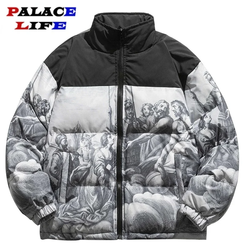 

Winter Thicken Warm Padded Parka Men Patchwork Vintage Mural Print Down Jacket Streetwear Harajuku Oversized Coat Unisex Outwear