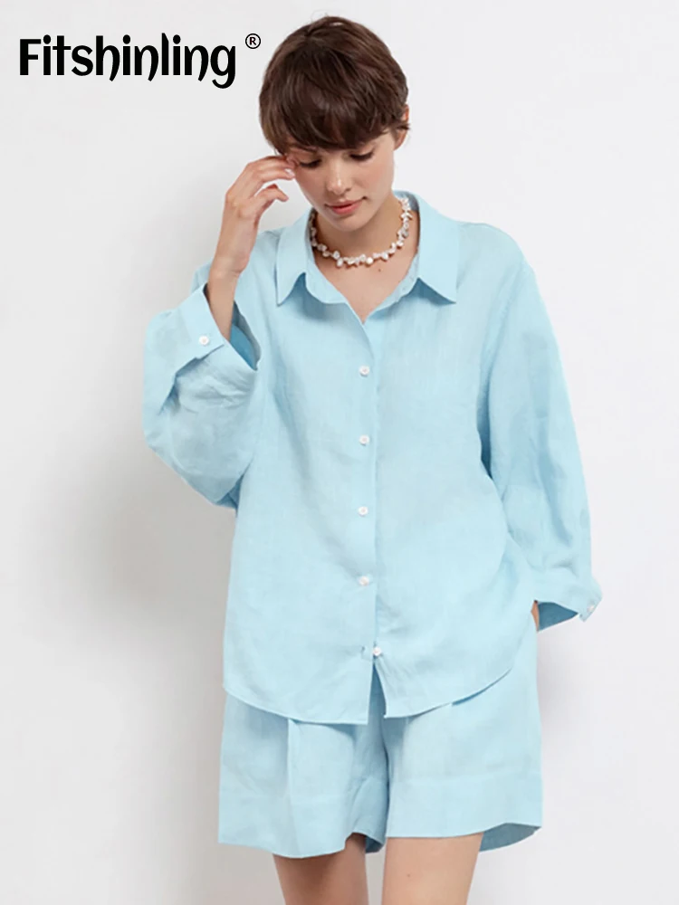 

Fitshinling Button Loungewear Women Solid Shorts Casual Women's Home Clothes Cotton Blue Summer Nightwear Set Woman 2 Pieces New