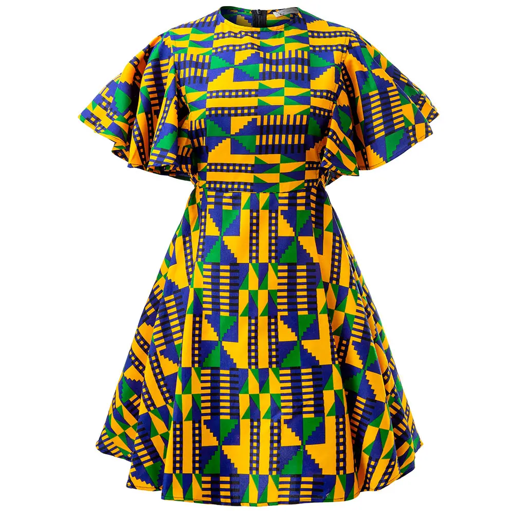 

African Print Dresses For Women New Short Sleeve Midi dress Kente Traditional Clothing Knee-length African Wear For Ladies