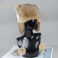 2022 Hot Sale Real Rabbit Fur Hat For Women Natural Warm Rabbit Fur Caps New style Winter Real Rabbit Fur Skullies Pom Pom Cap