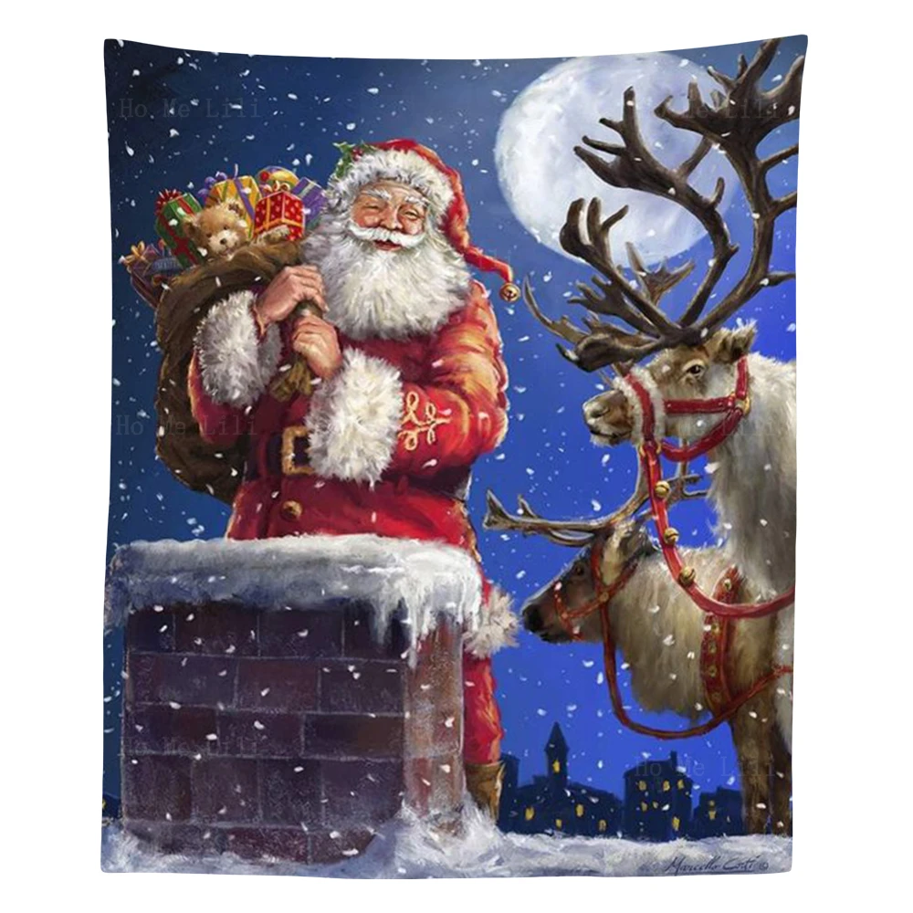 

Merry Christmas White Mountain Santa Claus Carries Presents Sleigh Reindeer Tapestry By Ho Me Lili Wall Hanging Home Decor