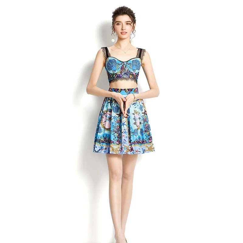 

Casual Women Clothing for Party 2022 New Spring/summer Holiday Print Polyester A-LINE Camisole Pleated Skirt Lace Tank Top Set