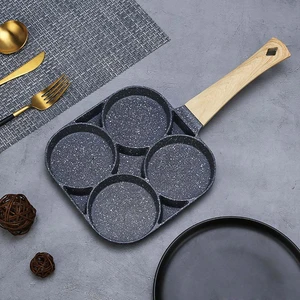 2/4 Hole Frying Pot Thickened Omelet Pan Black Non-stick Egg Steak Ham Pancake Wooden Handle Kitchen Cooking Breakfast Maker
