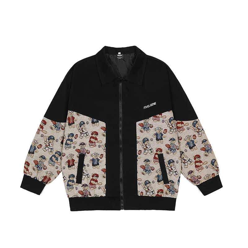 

Повседневная осенняя куртка для мужчин и женщин, куртка оверсайз в стиле ретро с отложным воротником и мультипликационным медведем