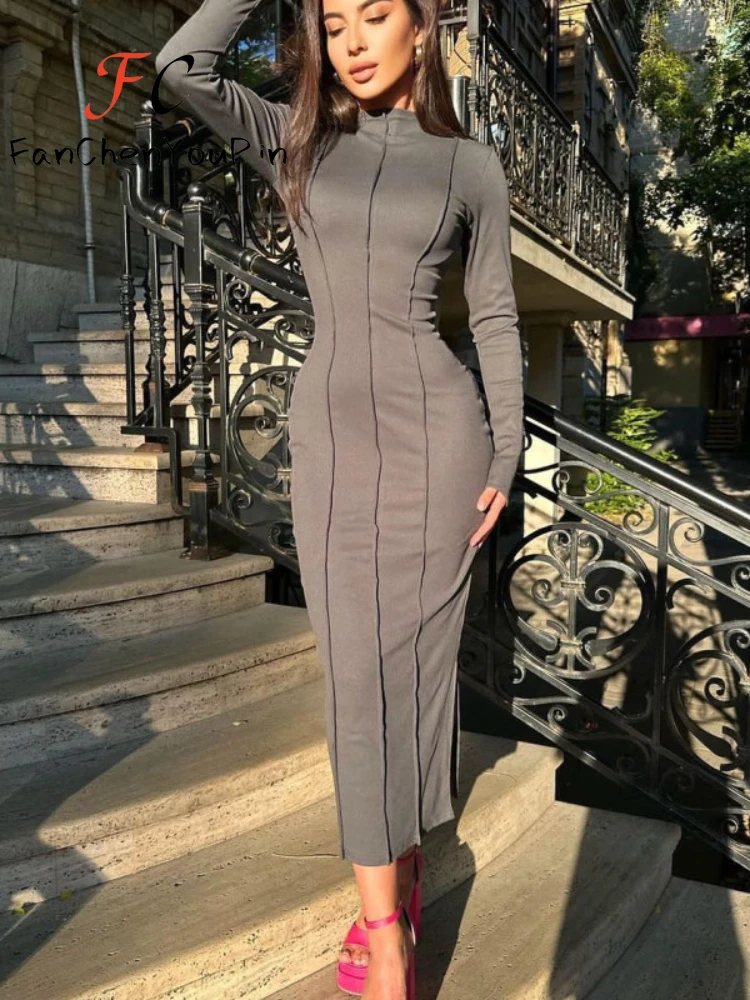 Женское платье весна-лето 2024 модное однотонное облегающее с длинным рукавом и