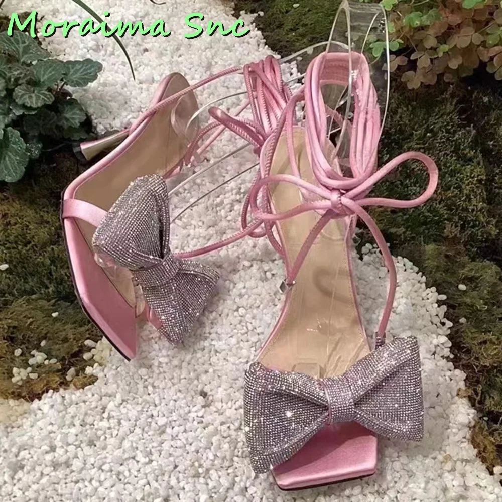 Bling Butterfly Knot Square Toe Sandals Lace Up Ankle Strap Stiletto High Heel Women Shoes Summer 2023 New Arrivals Pink Solid