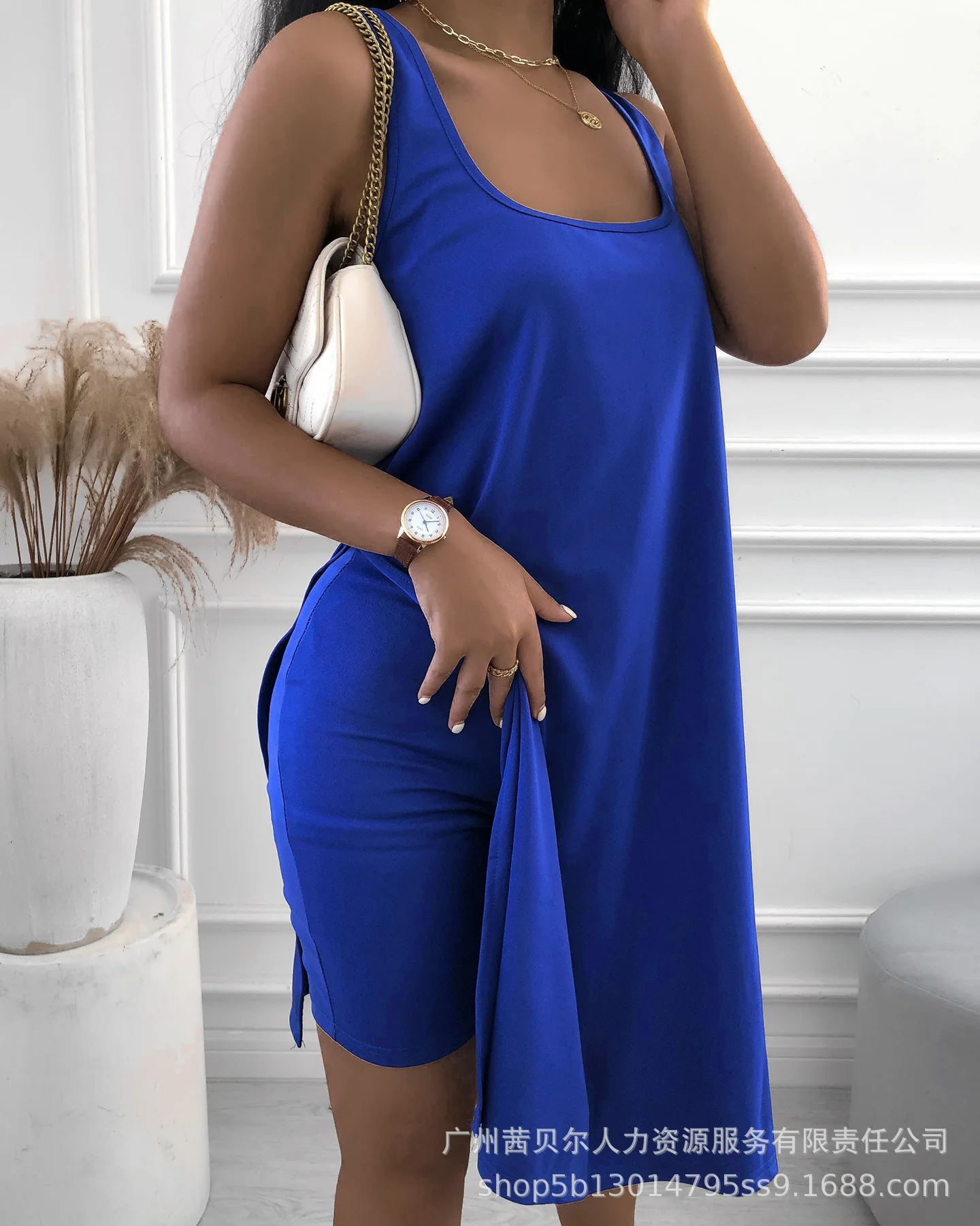 

2022 Fashion New Women's Solid Color Vest Loose Long Version Top + Shorts Suit Two-piece Set Female Casual Shorts Suits Summer