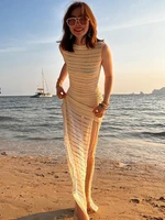 sexy backless sleeveless beach see through knit maxi dress for women 2022 summer elegant hollow high split holiday long dresses
