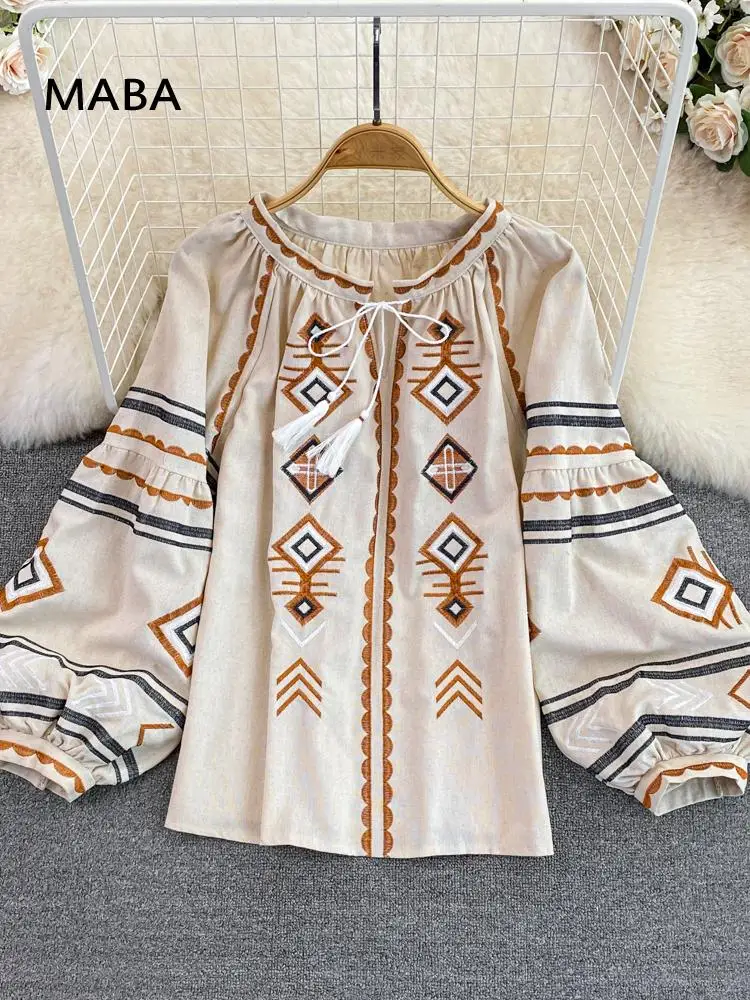 

Женская свободная рубашка с принтом, этническая винтажная рубашка с вышивкой, топ с круглым вырезом и рукавами-фонариками, пляжный праздничный Топ, весна-осень 2023