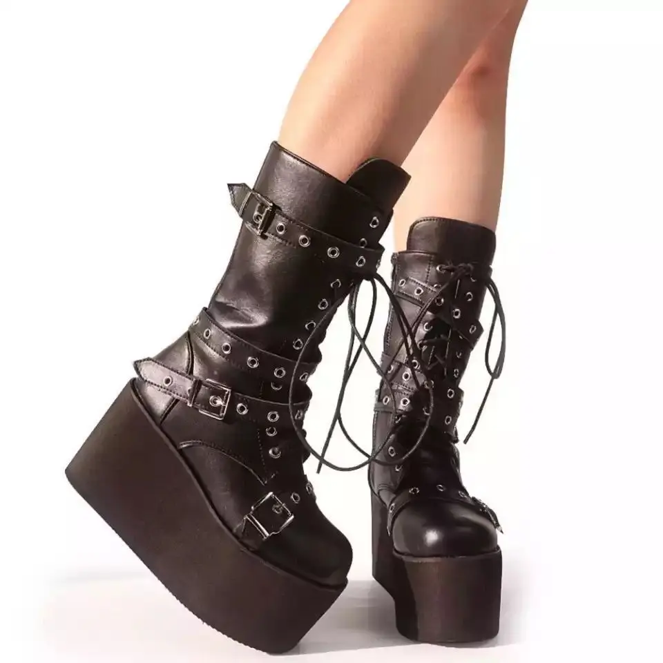 

Fashion Punk Belt Buckle Rivet Thick Sole Mid-boots Women's Lace-up Breasted Motorcycle Boots Tacones Mujer