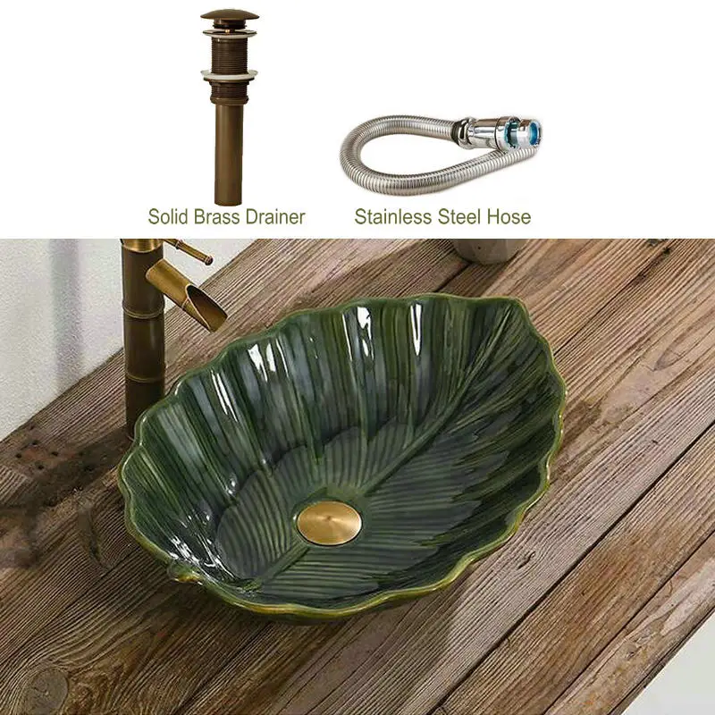 Artistic Glazed Leave Bowel Sink Engraved Wash Basin Ceramic Round Coutertop Bathroom | Sinks