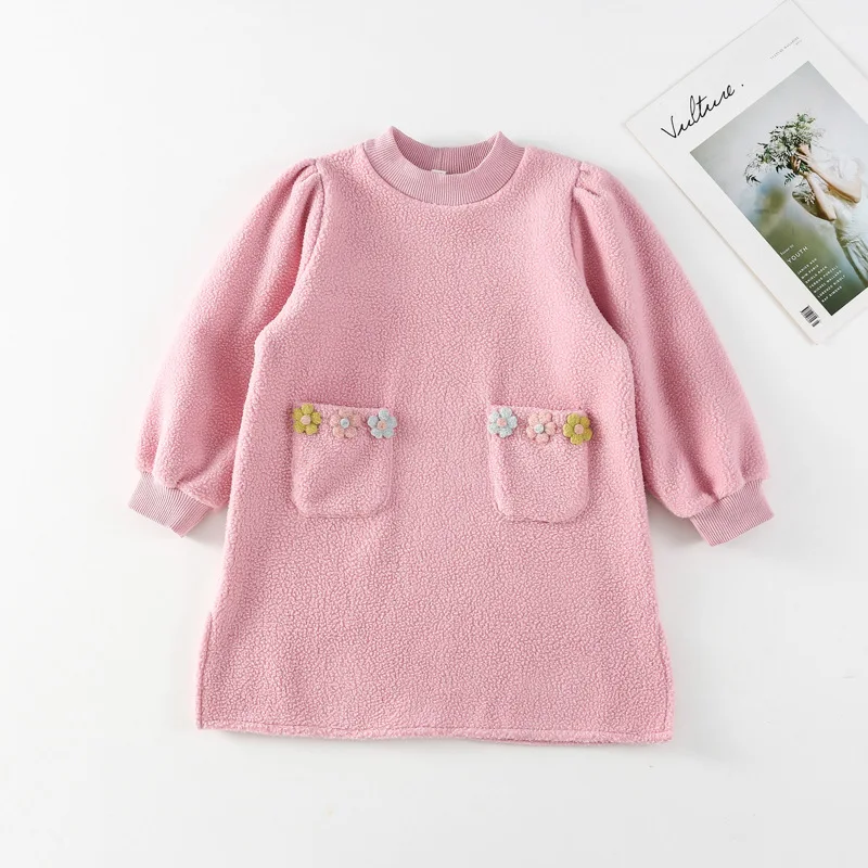 Autumn Winter Children's Lamb Fleece Long Sleeve Skirts Pink Hoodie Baby Flower Sweater Dresses Girls Fashion Clothes