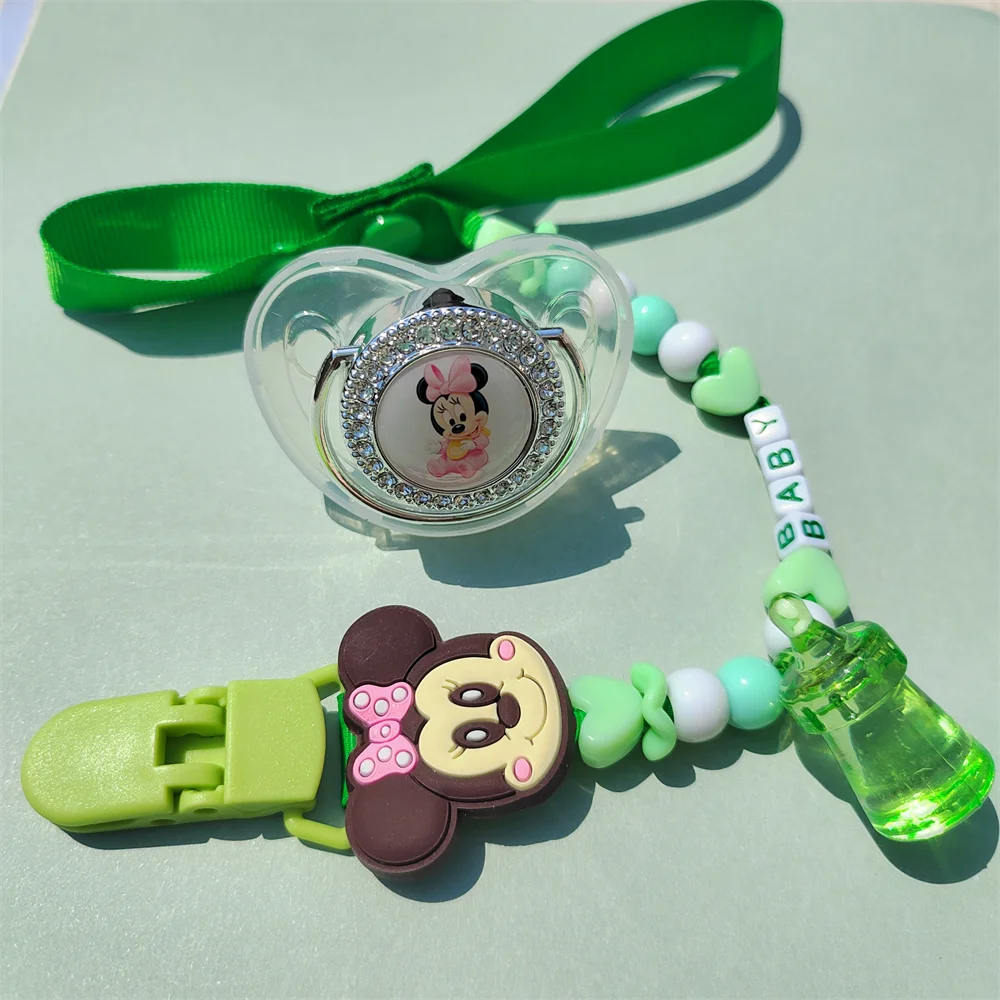 

Minnie Mouse Picture Printed White Transparent Bling Silicone Fake Pacifier for Newborn Babies and Personalized Unique Name Clip