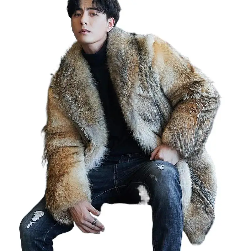 

High Quality Men's Original Ecological Wolf Fur Leather Fur Coat Fur Full Pelt Fox Fur Collar Overcoat Trendy Young Style