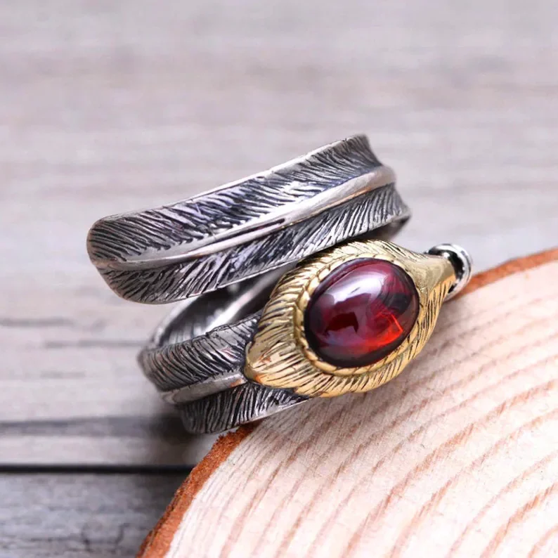 Feather ring men & women ~ Sterling Silver ~ Native American Indian Jewelry Garnet Ring