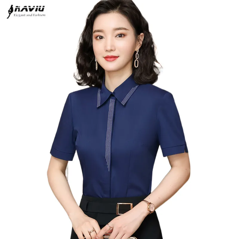 

Navy Blue Shirt Women New 2022 Summer Fashion Temperament Fomral Slim Short Sleeve Blouses Office Ladies Work Tops