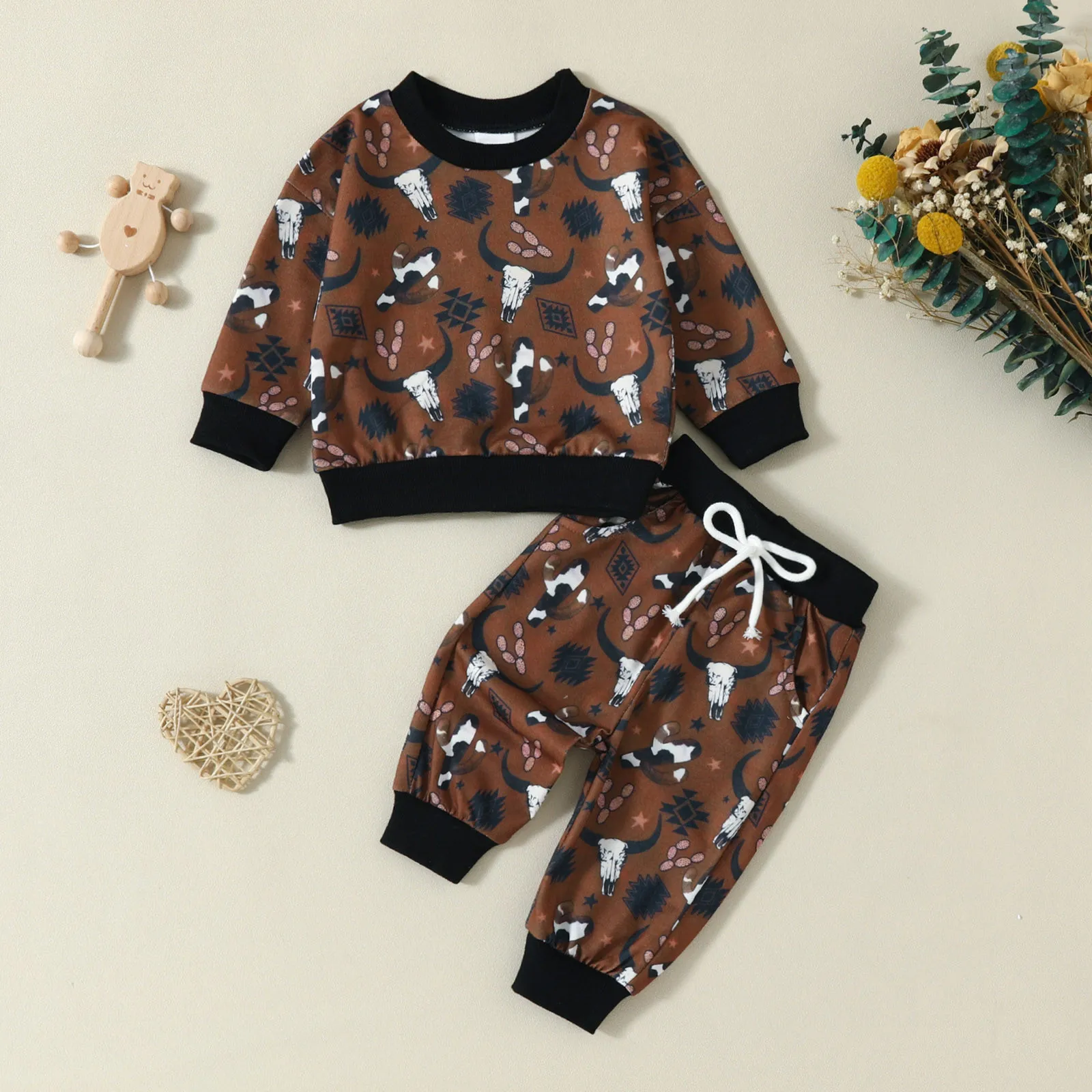

Newborn Infant Baby Boys Clothes Sets Cattle Head Cactus Print Long Sleeve Sweatshirt Pants Fall Outfit 2Pcs Baby Child Clothing