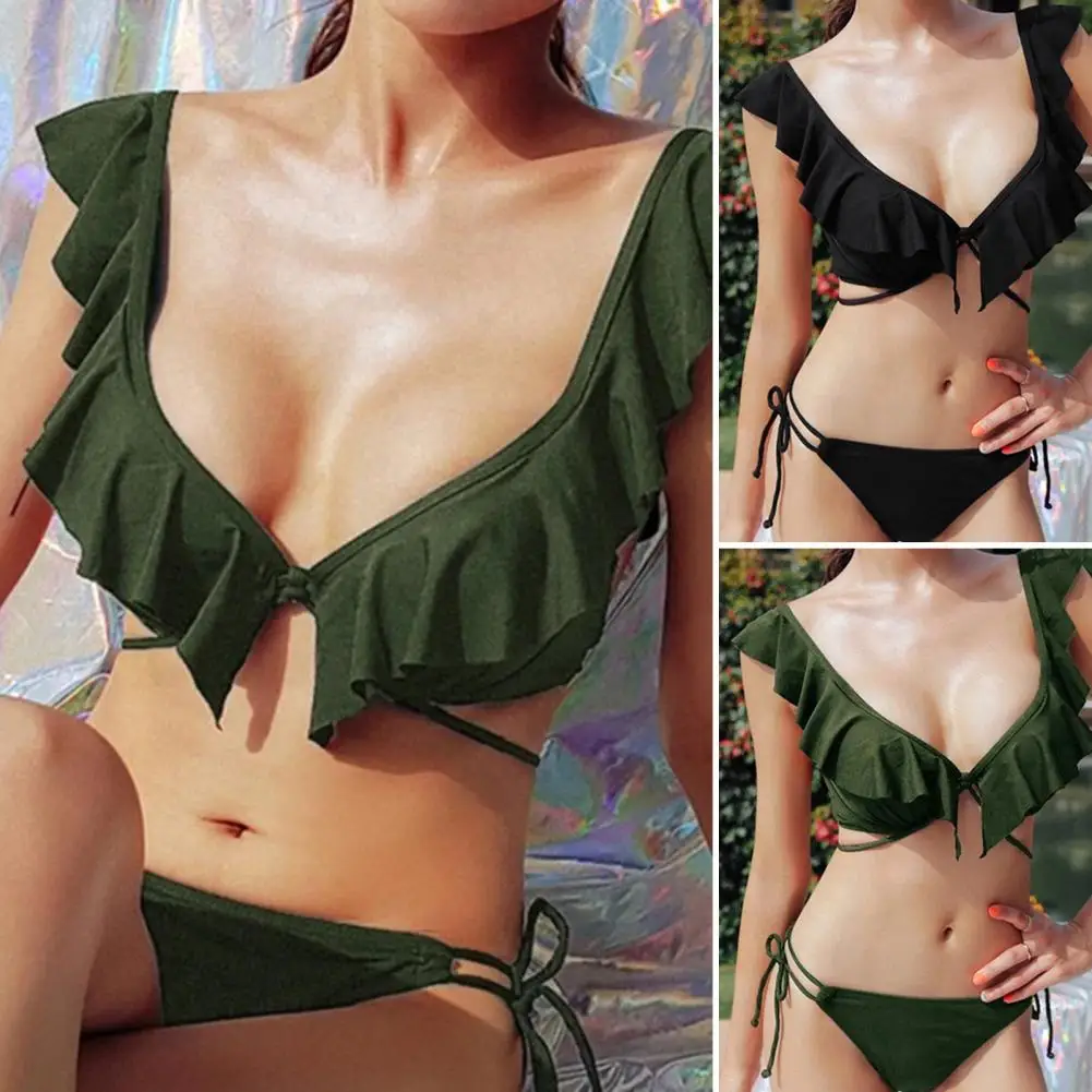 

Комплект бикини тонкий с V-образным вырезом, мягкий проводной дизайн с оборками, однотонный сексуальный купальник, женский купальный костюм, летняя пляжная одежда для плавания