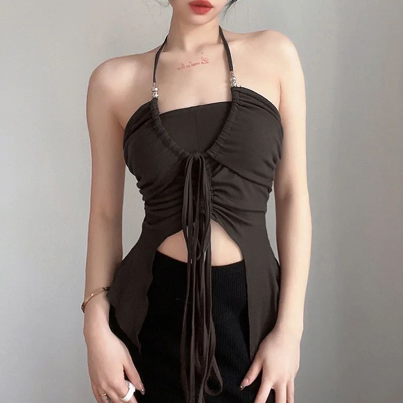 

Sexy Tassel Irregular Skinny Tops Vest Women Summer 2022 New Backless Y2K Halter Lace Up Solid Wild Camisole Trend Streetwear