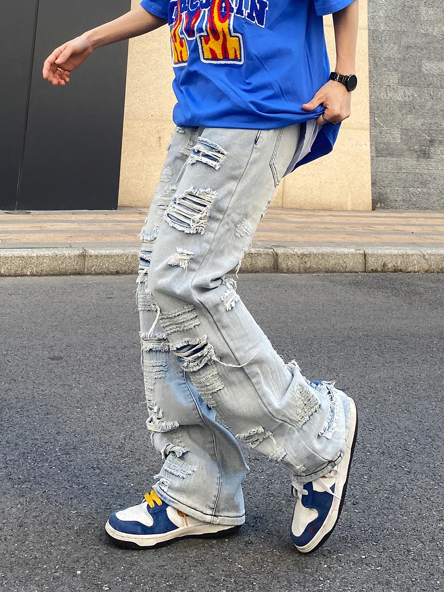 Stylish Men's Hip-hop Jeans with Distressed, Worn-out, Loose, and Wide-leg Design - Perfect for Skateboarding and Streetwear