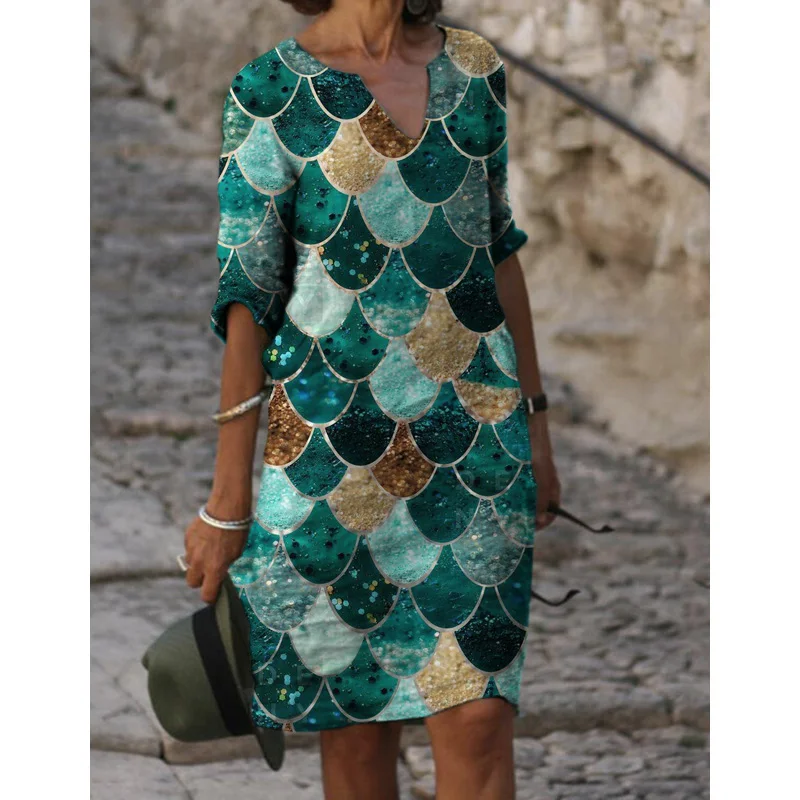 

Elegant Vintage Plaid Graphic Print Knee Dresses Womens Clothing 2022 New Summer Fashion V-Neck Loose Oversize Casual Dress Lady