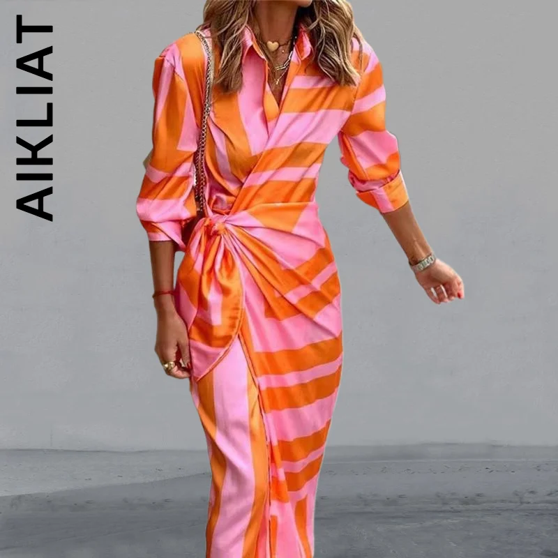 

Aikliat Dress Women Blouse Neck Tie Mid Length Striped Print Dress Soft Sweet Dress Cheap Korean Ladies Dress Women Clothing