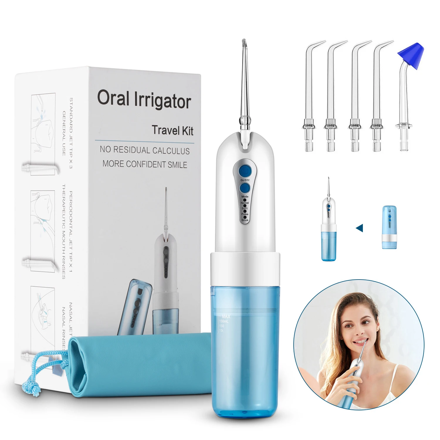 

Draagbare Elektrische Puls Monddouche Water Flosser Flossen Water Jet Tanden Neus Schoon 360 ° Gedraaid Tip IPX7Waterproof