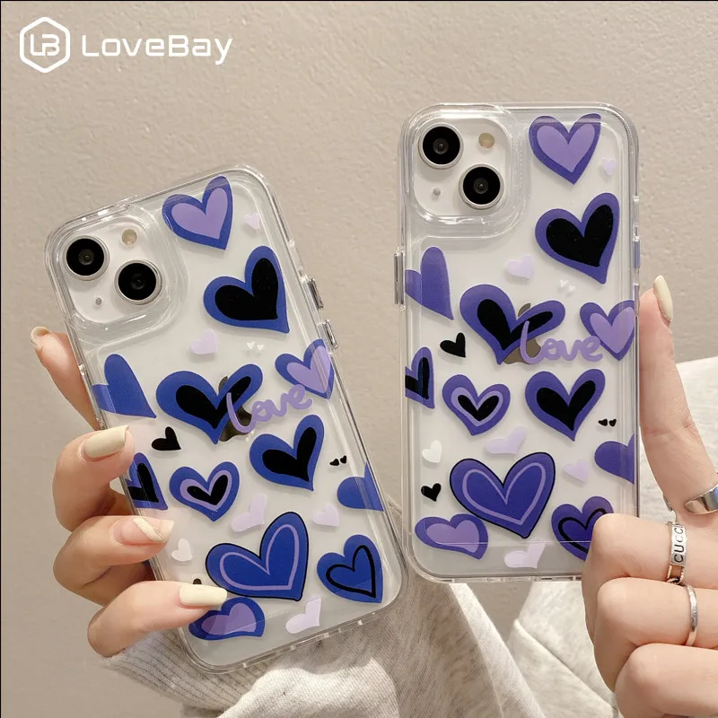 

Lovebay Soft Purple Love Heart Phone Case For iPhone 11 12 13 14 Pro Max XS X XR 7 8 14 Plus Transparent Mobile Phone Back Cover