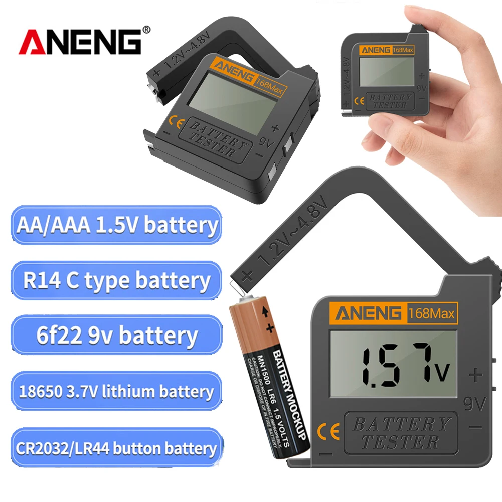 

ANENG 168Max Digital Lithium Battery Capacity Tester Universal Test Checkered Load Analyzer Display Check Button Battery Tester
